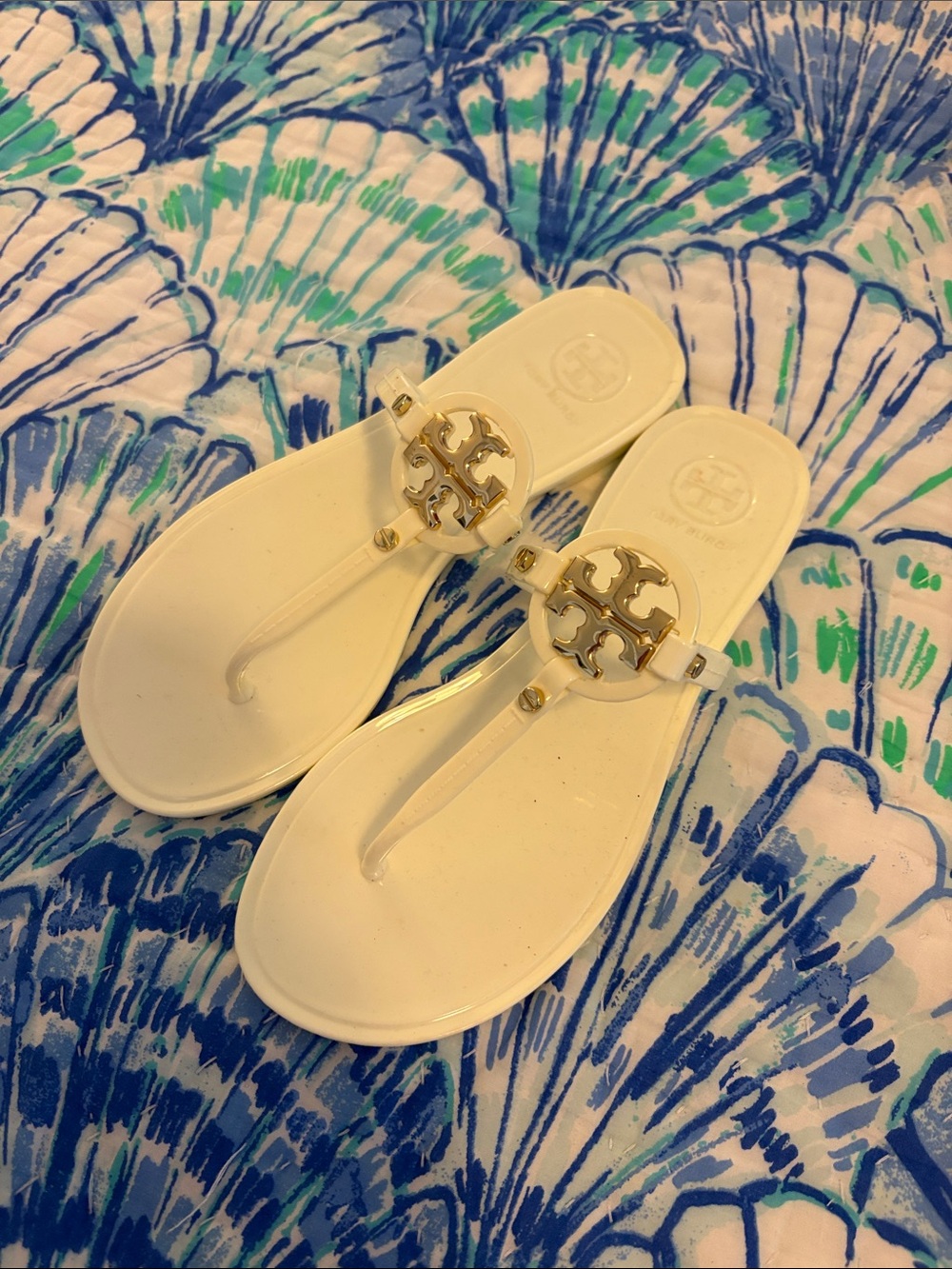Tory Burch White Jelly Thong Sandals with Gold Logo Medallion